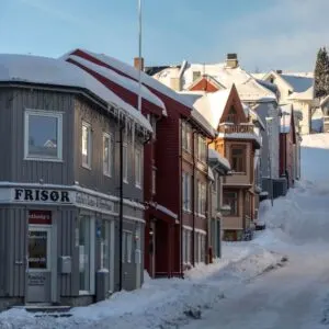 Wooden Houses In Central Tromso, Northern Norway In Winter