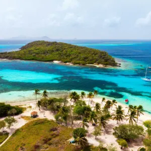view of tropical islands and turquoise Caribbean sea of Tobago cays in St Vincent and Grenadines