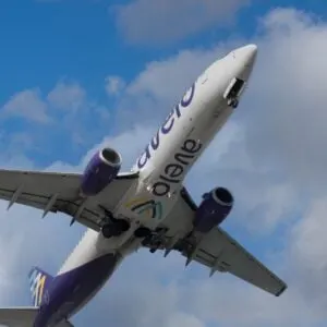 An Avelo plane in the air