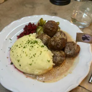 Reindeer Meatballs with potatoes and lingonberries at Meatballs for The People, Stockholm