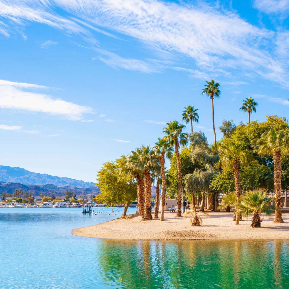 Palm tree lined islet of Lake Havasu, Arizona