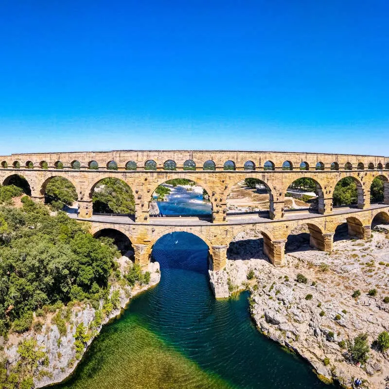 Wide Angle View Of Pont Du Gard, A Roman Aqueduct In The South Of France