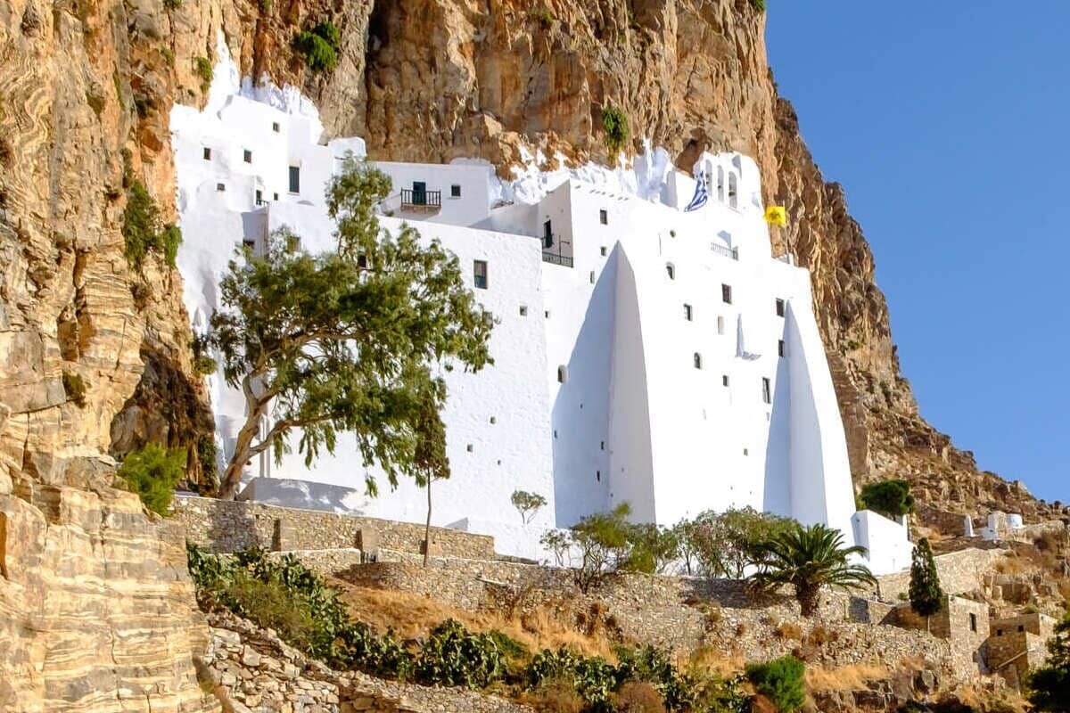 Historic Whitewashed Monastery Of Amorgos, Greece, Southern Europe