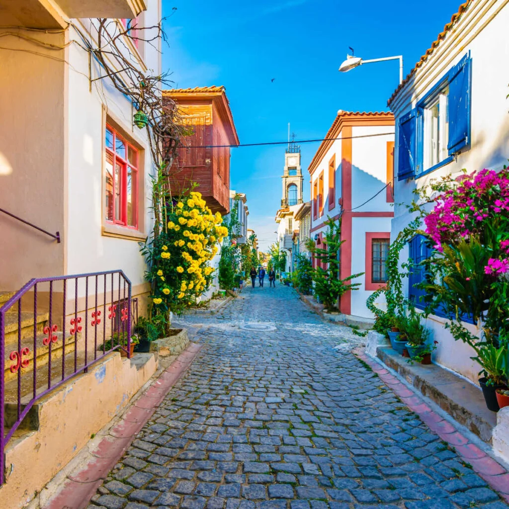 Vibrant cobbled street in Bozcaada