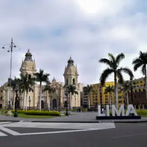Lima sign in front of historic cathedral