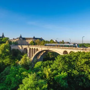 Scenery of Adolphe Bridge and the clock tower in Luxembourg city, Luxembourg