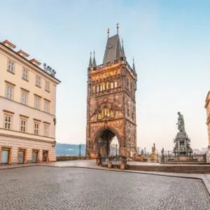 View of the city of Prague with Old Town Bridge Tower on Charles bridge in Prague