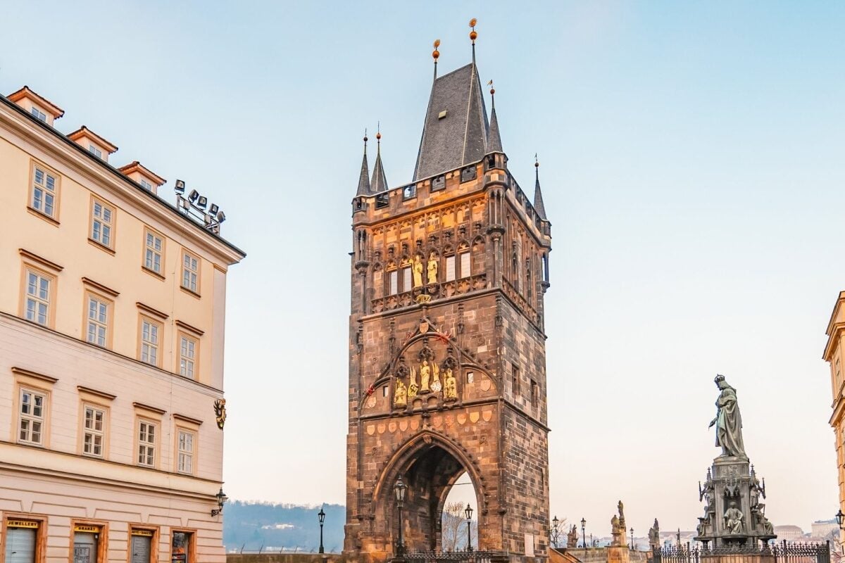 View of the city of Prague with Old Town Bridge Tower on Charles bridge in Prague