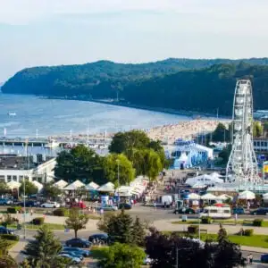 view of Gdynia City Beach in Summer. Also there is amusement park beyond the beach. Gdynia is famous sightseeing place in summer.