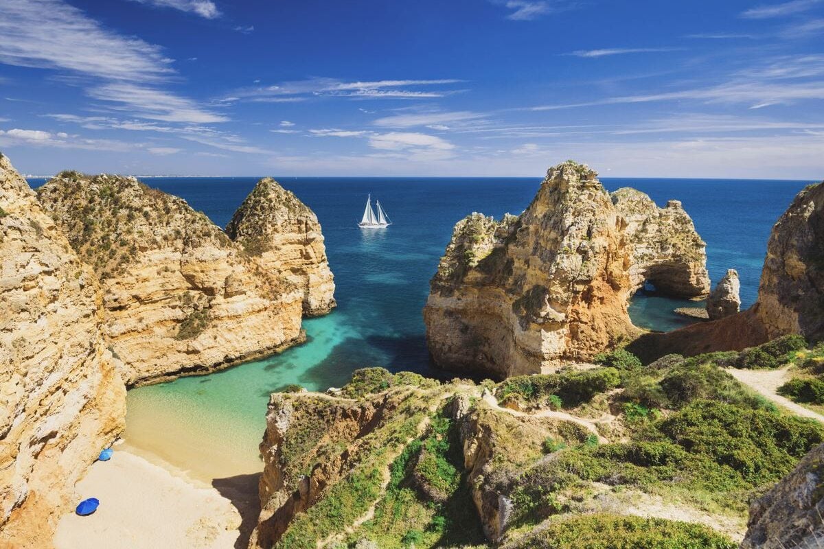 Beautiful bay near Lagos town, Algarve region, Portugal. Sandy beach. Portuguese landmark, popular travel destination