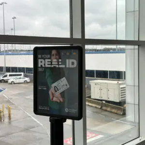 Charlotte, NC, US - February 25, 2023. REAL ID. Be your Real ID self. A message board made by Homeland Security reminding all passengers at the Charlotte International Airport.