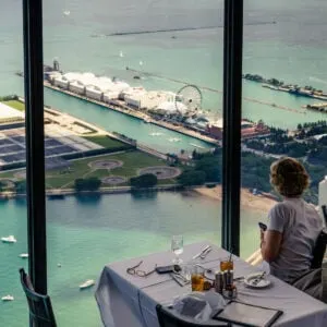 Chicago, USA - The view over Navy Pier from 360 Chicago in the John Hancock Center