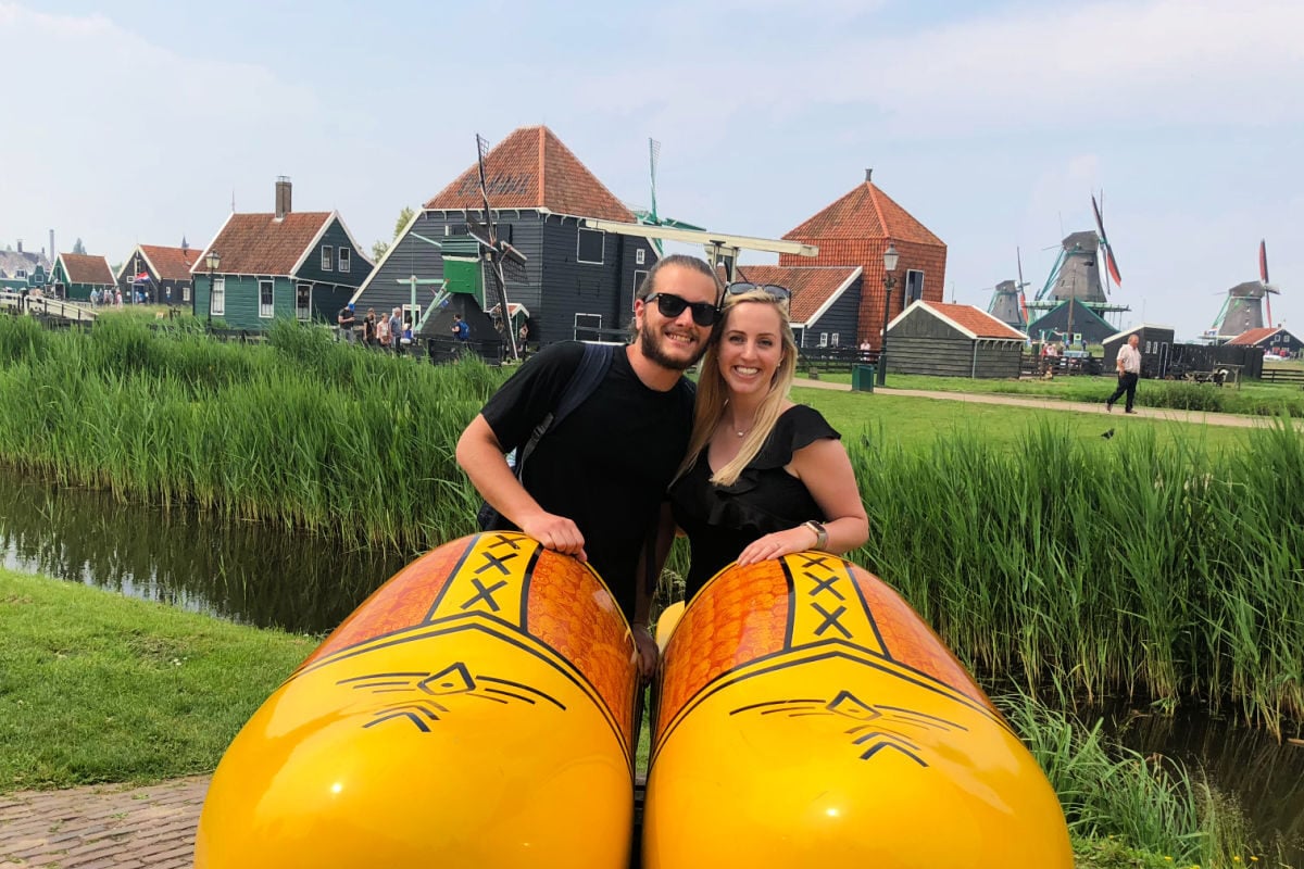 Man and woman in Zaanse Schans near Amsterdam. Tyler and Liz Fox
