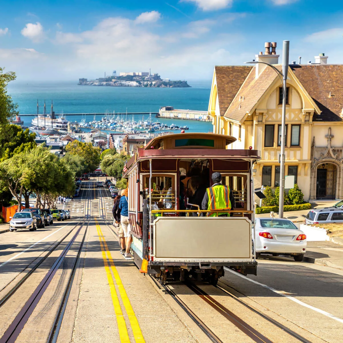 San Francisco cable car with Alcatraz in background