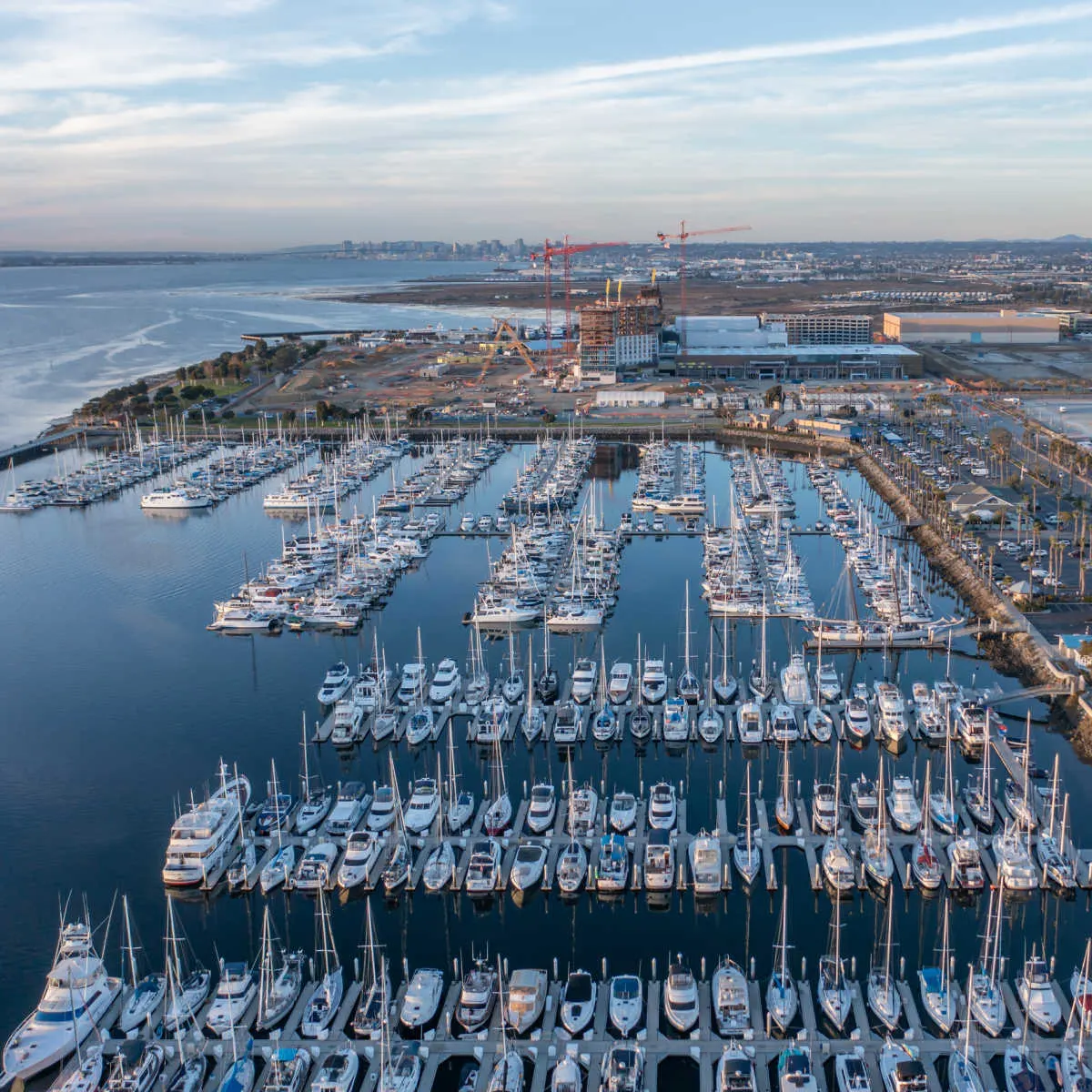 Aerial view of Chula Vista Marina with downtown San Diego skyline as backdrop