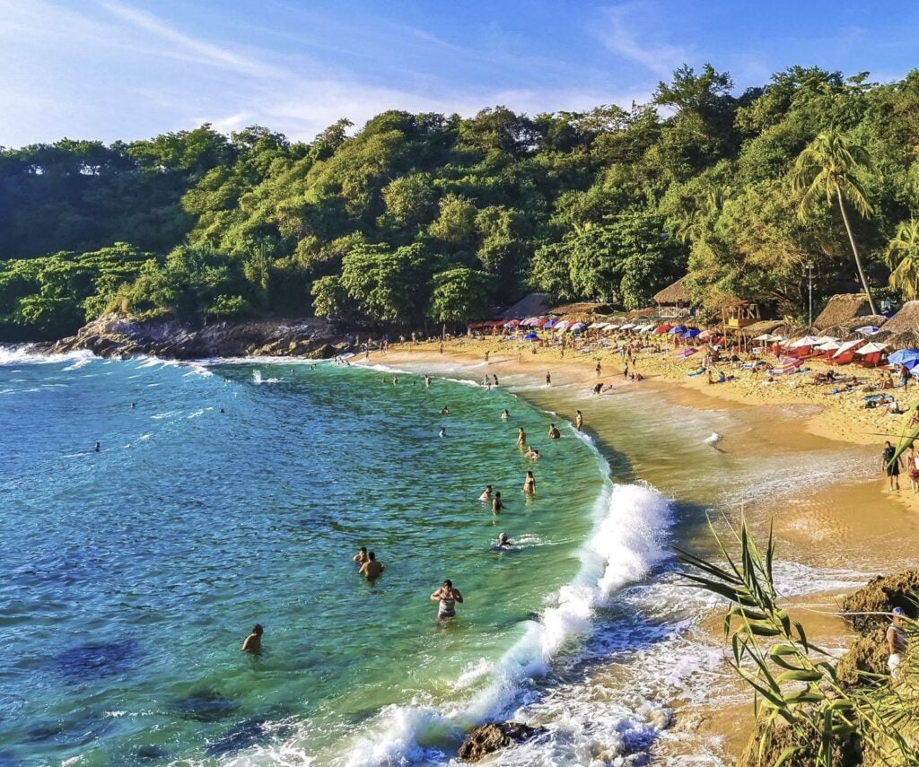 Beach sand turquoise blue water rocks cliffs boulders sun loungers people palm trees and huge big surfer waves on the beach Playa Carrizalillo in Mexico