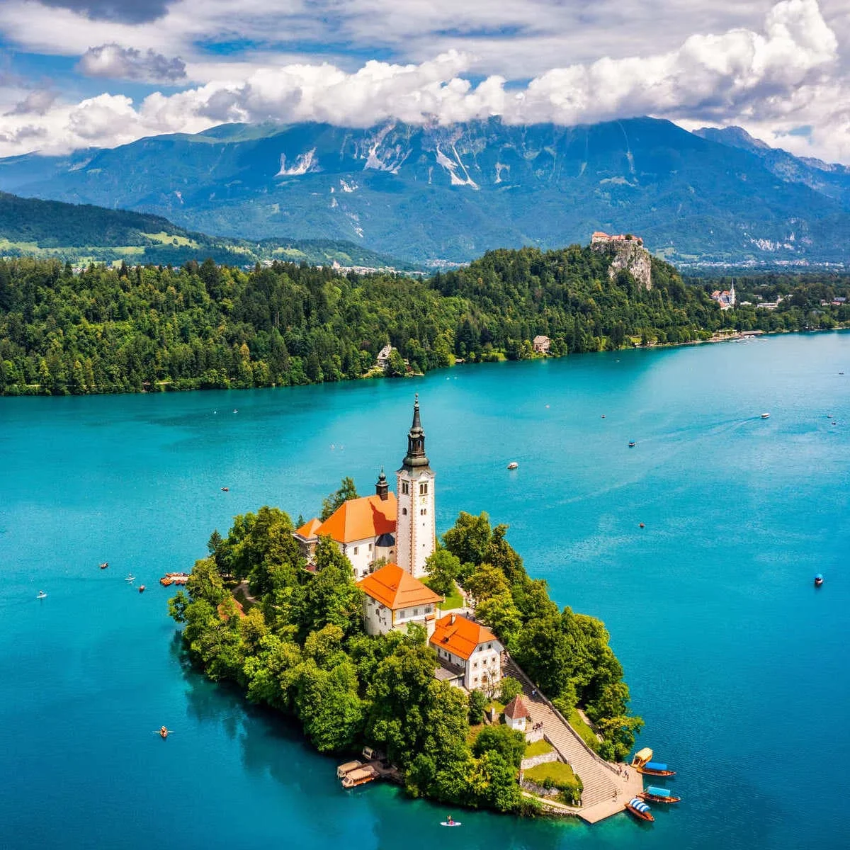 Panoramic View Of Bled Lake Seen From Bled Castle, Slovenia, Southeastern Europe