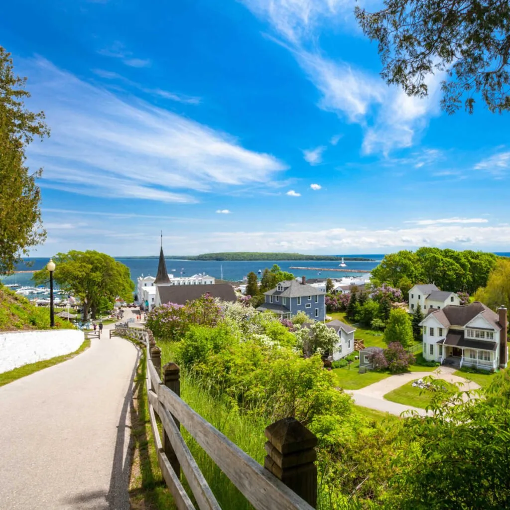 Pathway to historic homes and lake in Mackinac Island