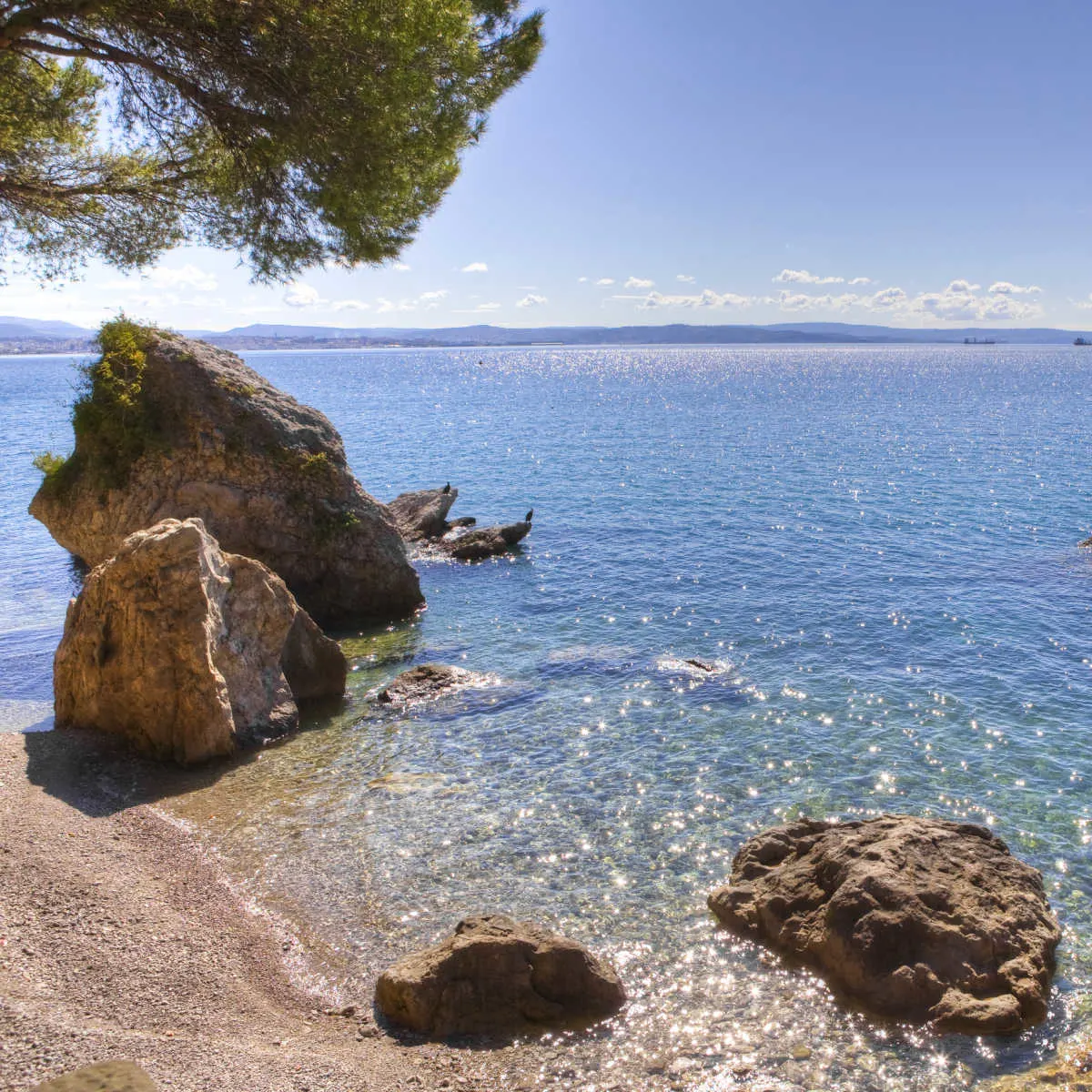 Clear water along rocky shoreline of Trieste, Italy