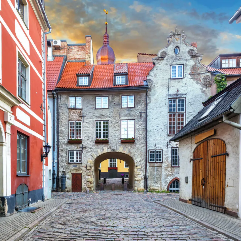 Historic street with medieval architecture in Riga, Latvia