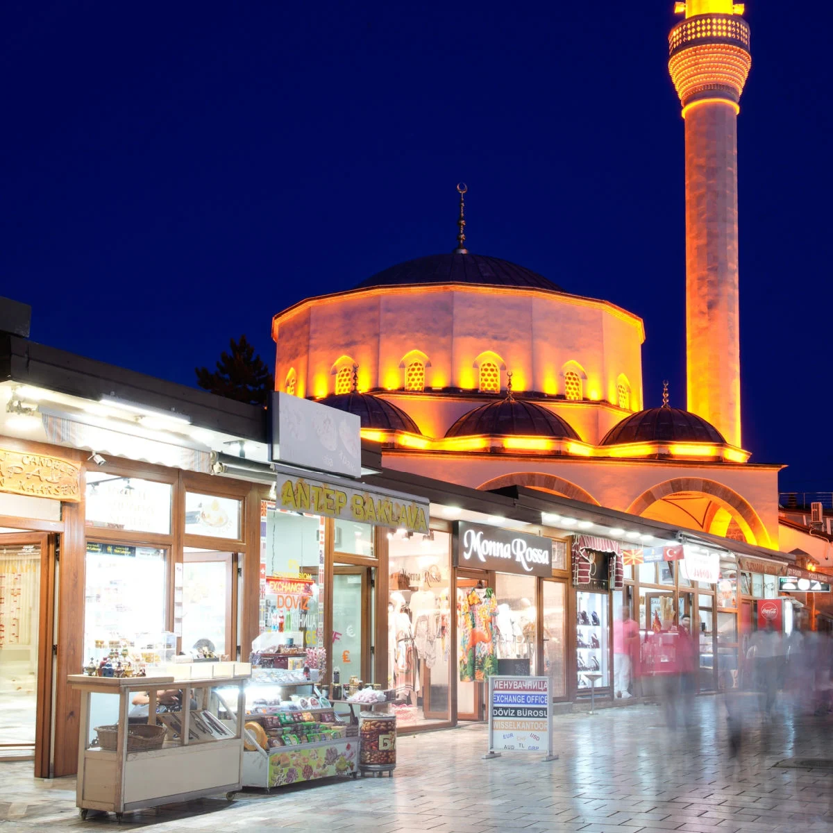 Mosque at night in Ohrid, North Macedonia