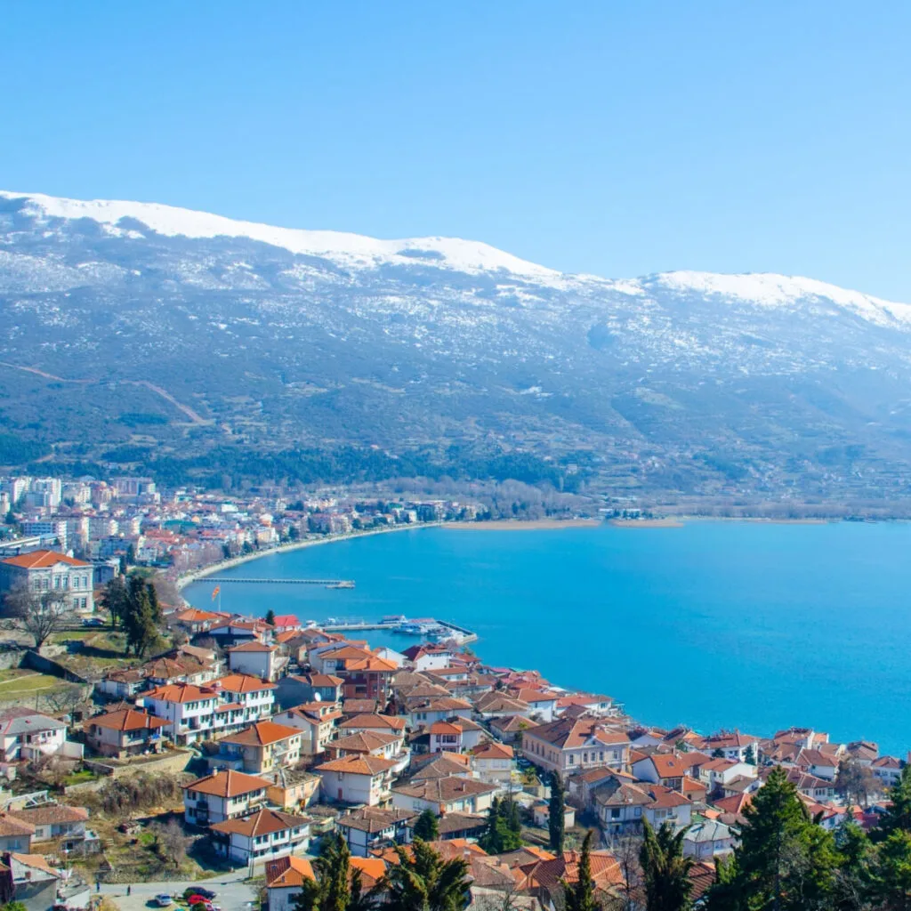 Snowcapped mountains surrounding Lake Ohrid, North Macedonia