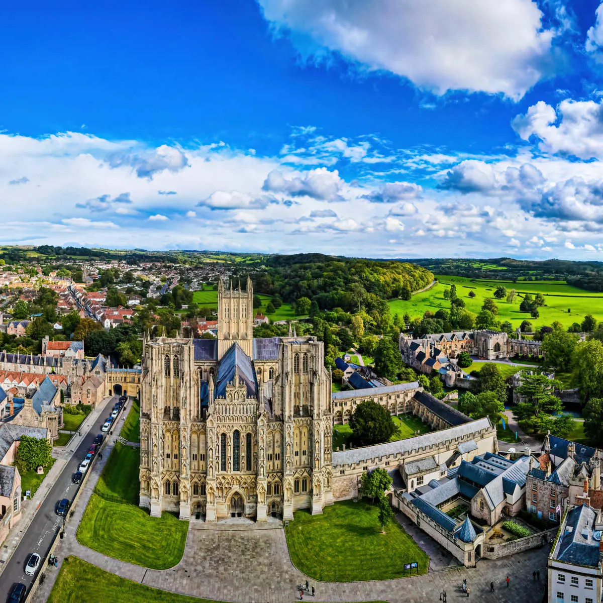Aerial views of Wells Cathedral in UK