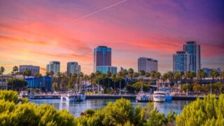 Long Beach skyline at sunset