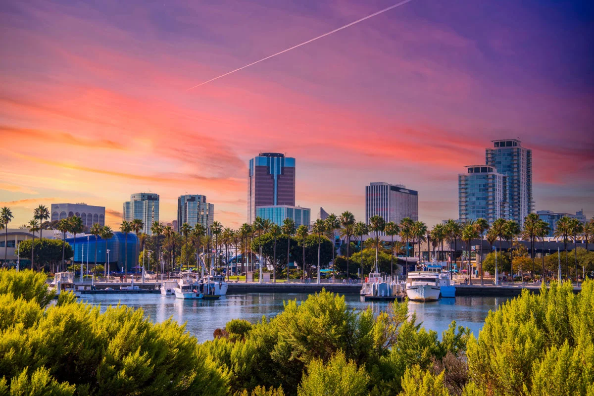 Long Beach skyline at sunset
