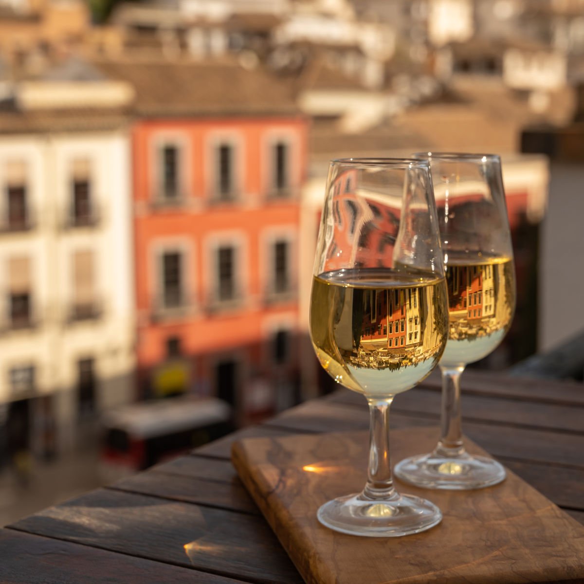 Glasses of wine on rooftop in Jerez, Spain