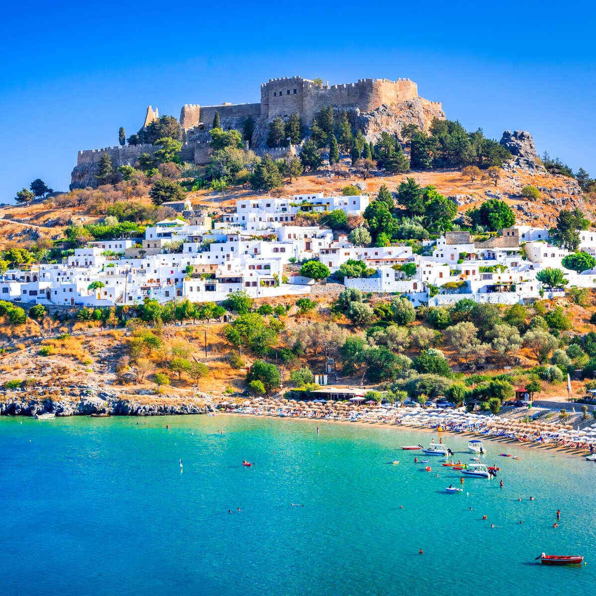Lindos Acropolis Seen In Rhodes, Greece