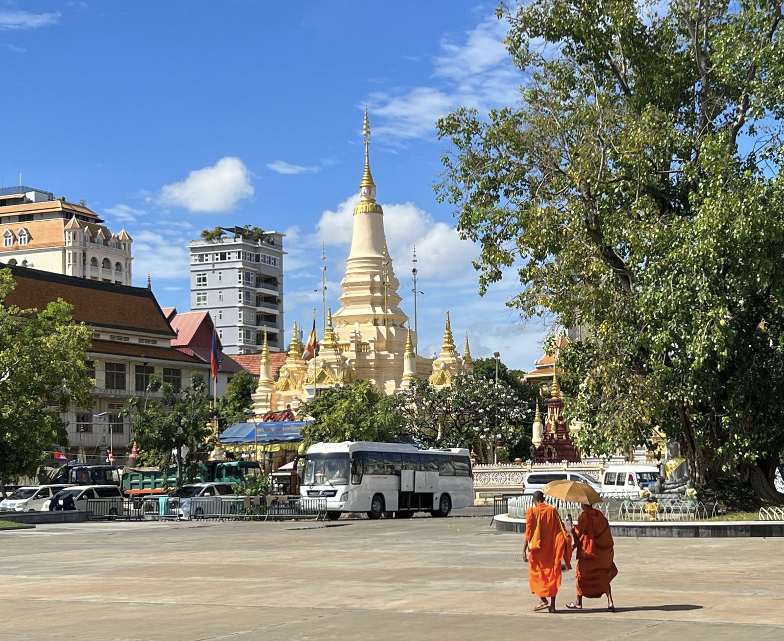 US State Department Issues Travel Advisory For Two Popular Destinations Monks walk at Wat Botum Park in Phnom Penh, Cambodia
