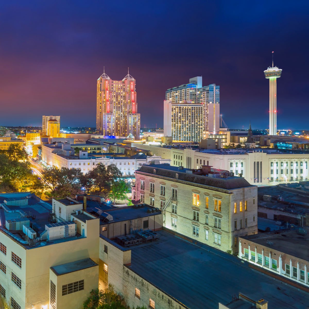 Partial night view of San Antonio, TX skyline