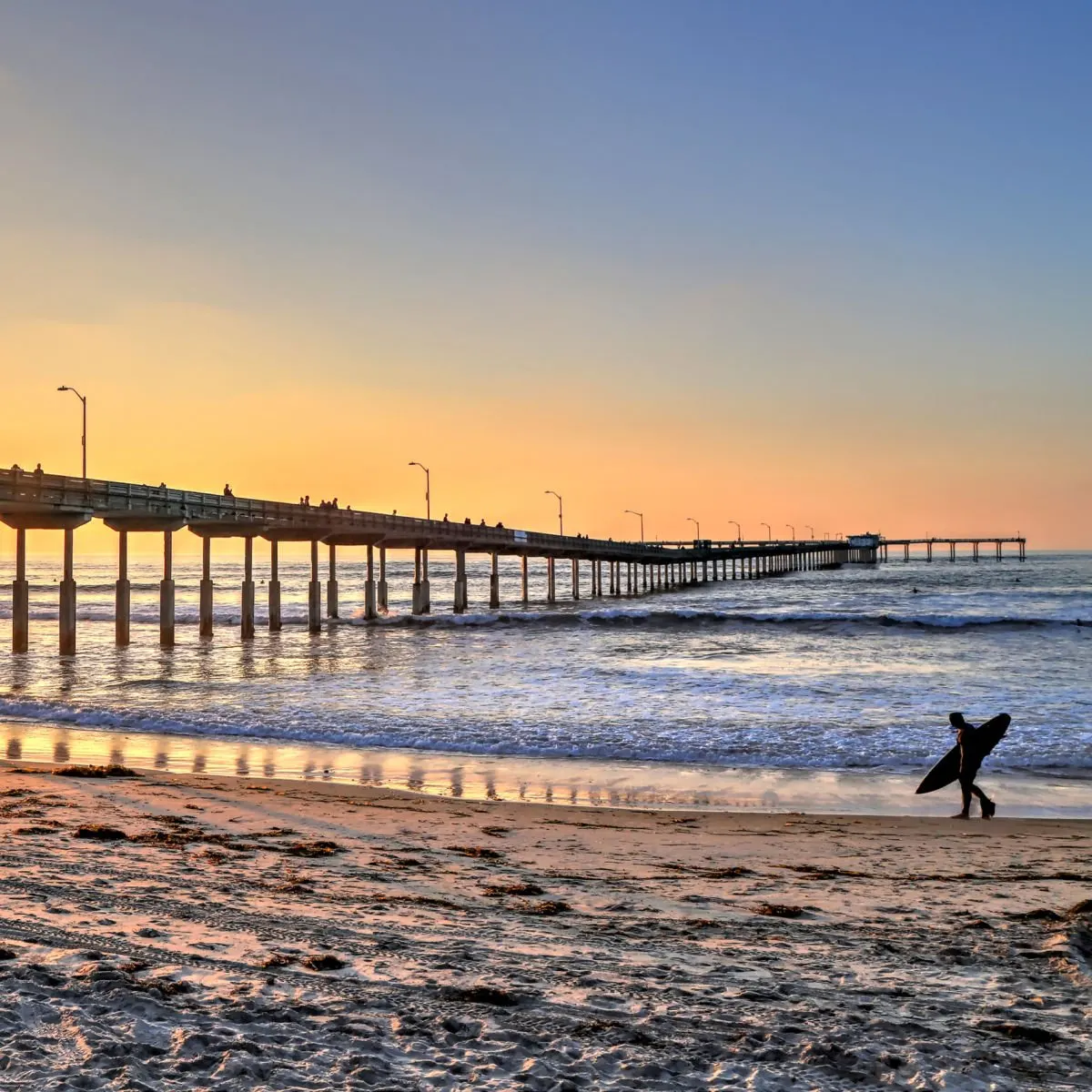 Surfer at Ocean Beach pier, San Diego