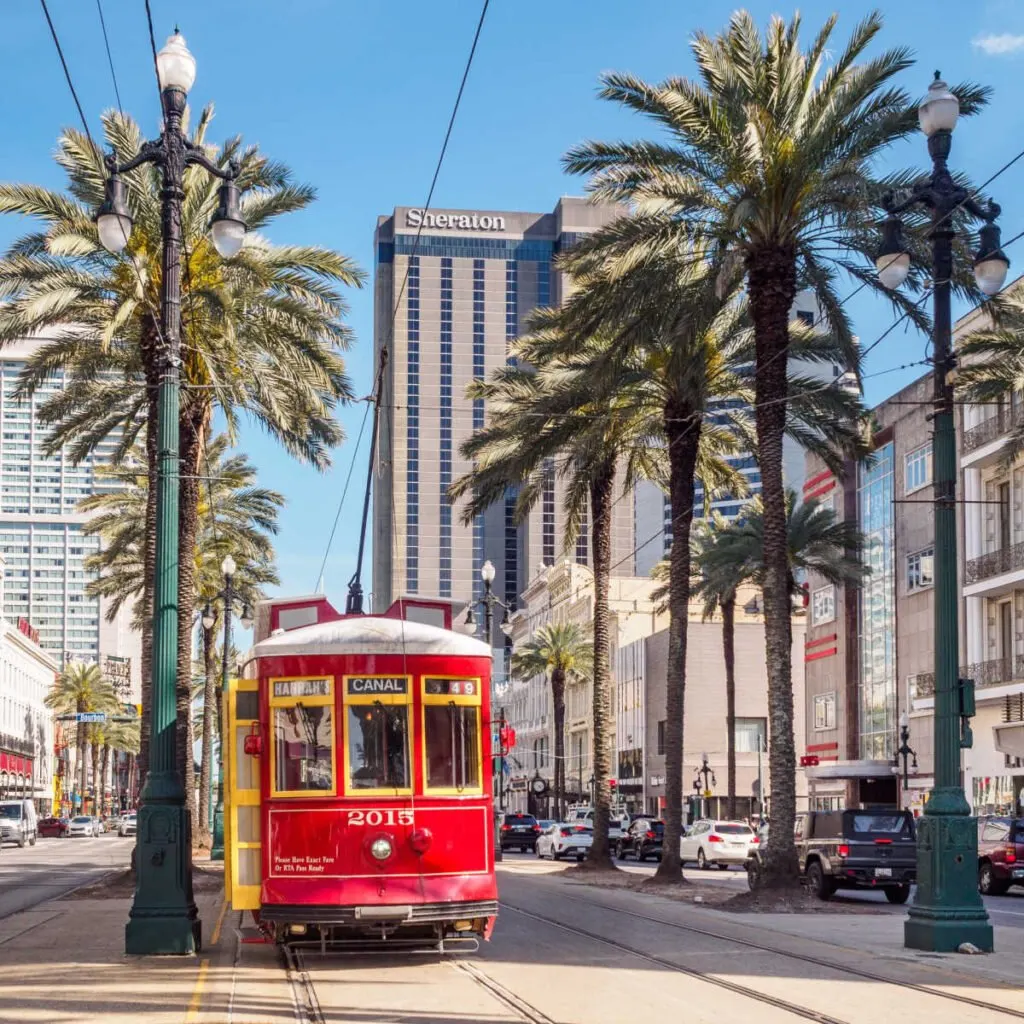 Tram running through downtown New Orleans