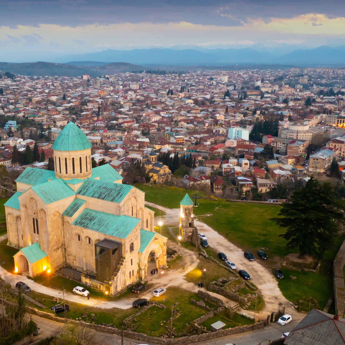 Aerial view of Kutaisi, including Bagrati Cathedral