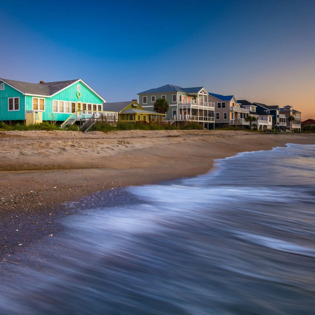 Beachfront homes at sunrise, Edisto Beach, South Carolina