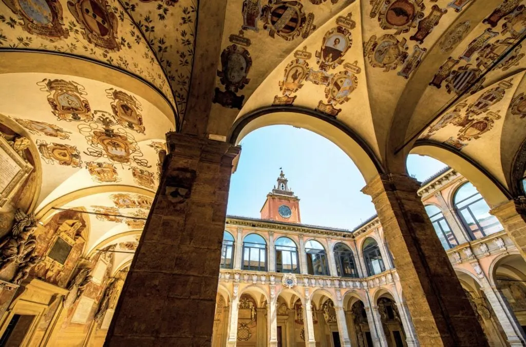  Inner yard of Archiginnasio of Bologna that houses now Municipal Library and the famous Anatomical Theatre. 
