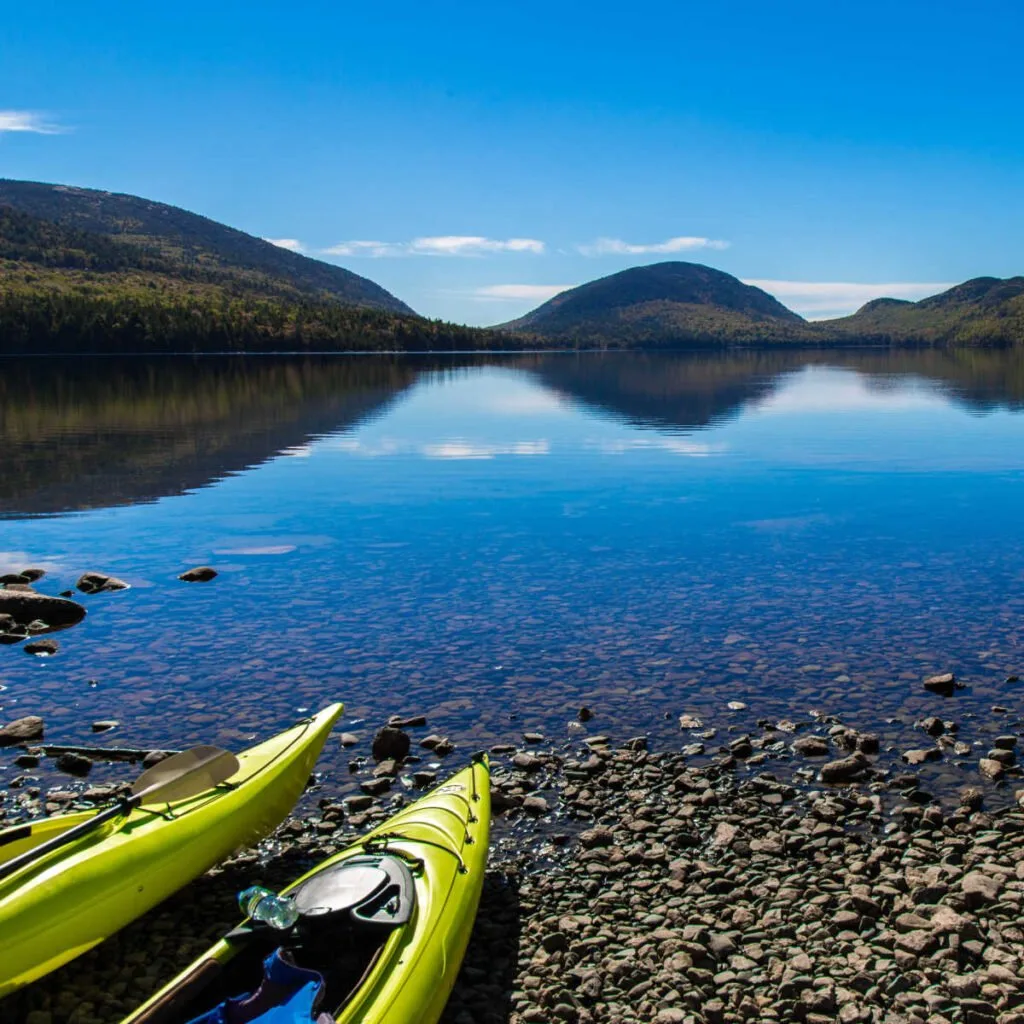 Kayaks at lake in Acadia National Park