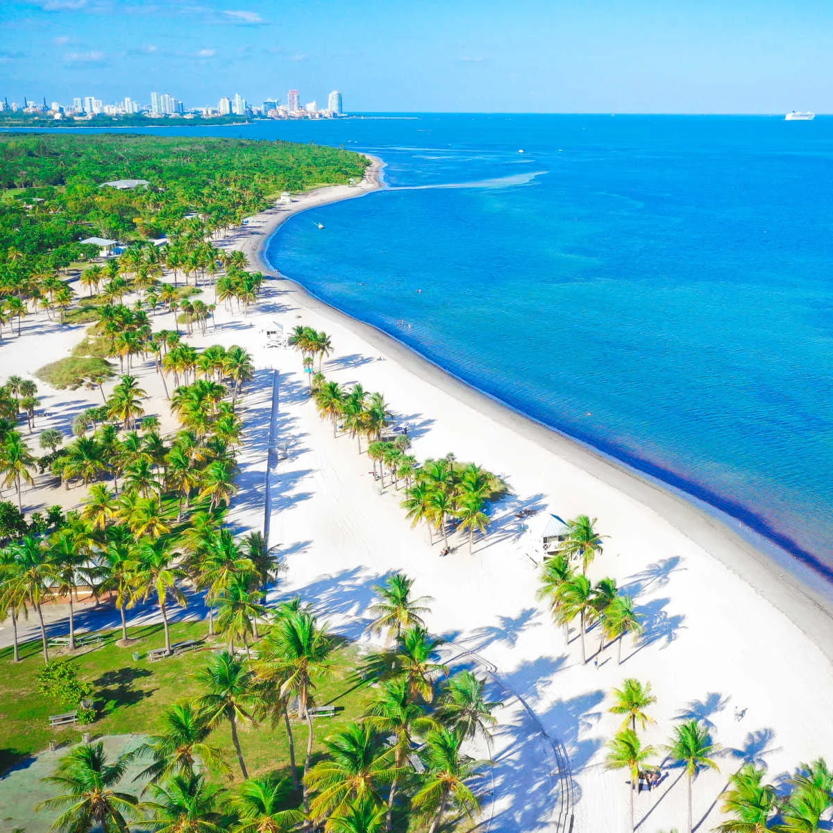 Key Biscayne beach backdropped by Miami skyline