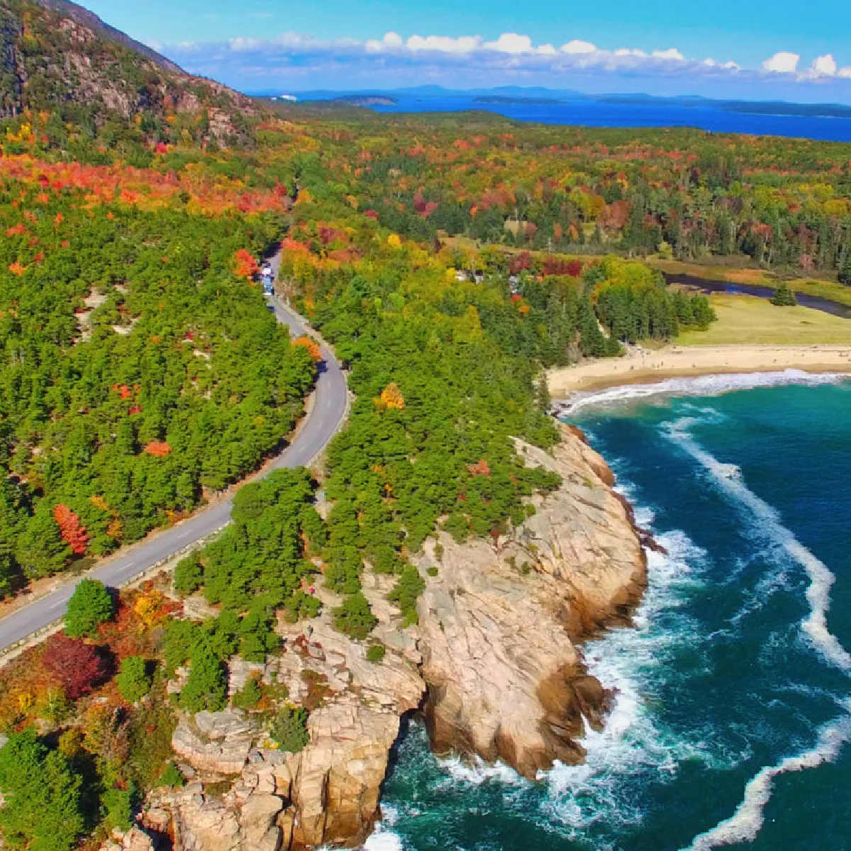 Lush forestry and blue water coastline of Acadia National Park