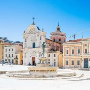 Main Square In L'Aquila, Historic City In Abruzzo, Italy