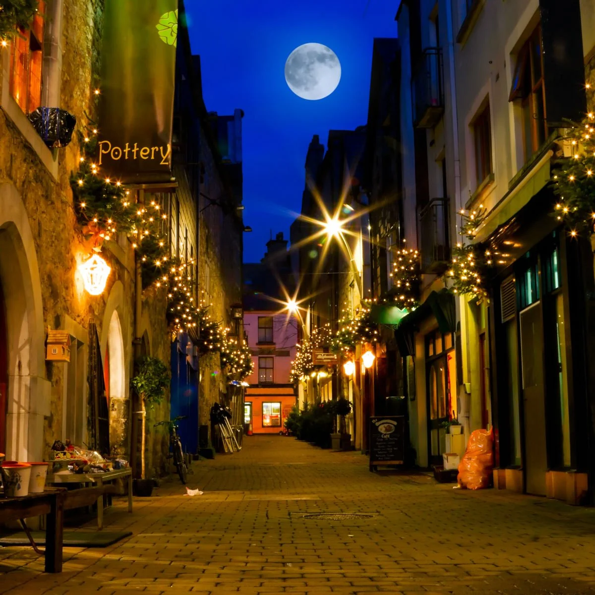 Moonlit historic street in Galway, Ireland