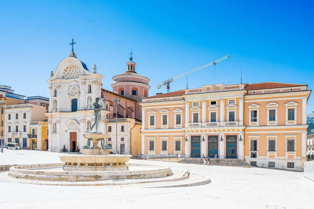 Main Square In L'Aquila, Historic City In Abruzzo, Italy
