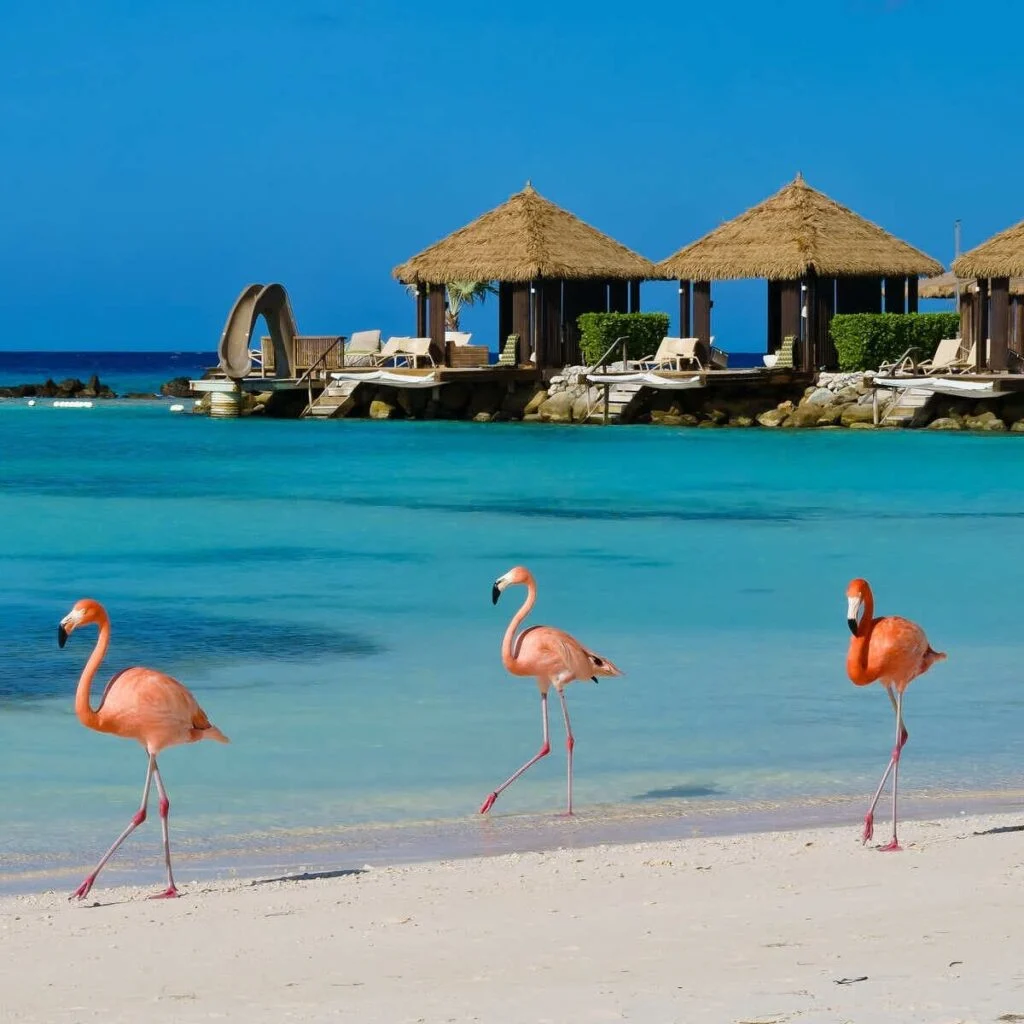 Pink Flamingos On A Beach In Aruba, Dutch Caribbean