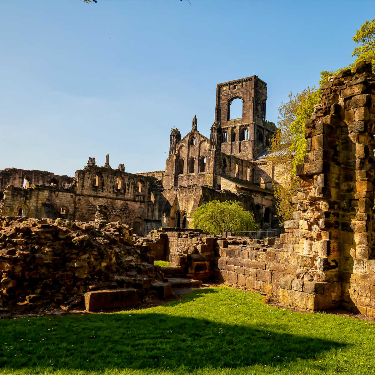 Preserved ruins of Kirkstall Abbey in Leeds, UK