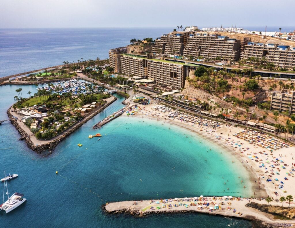 Aerial view with Anfi beach and resort, Gran Canaria, Spain.