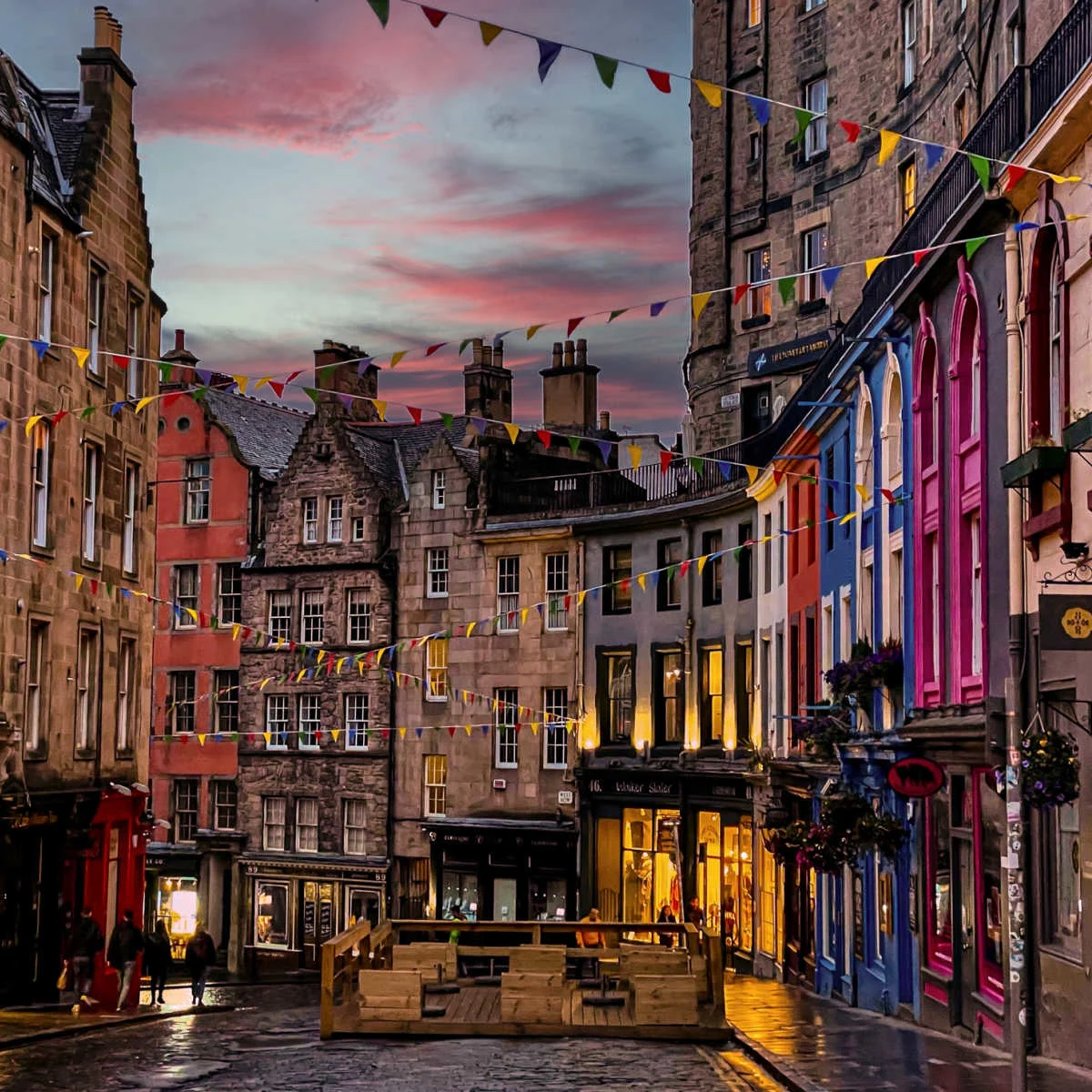 Beautiful sunset sky above Victoria Street in Edinburgh, UK