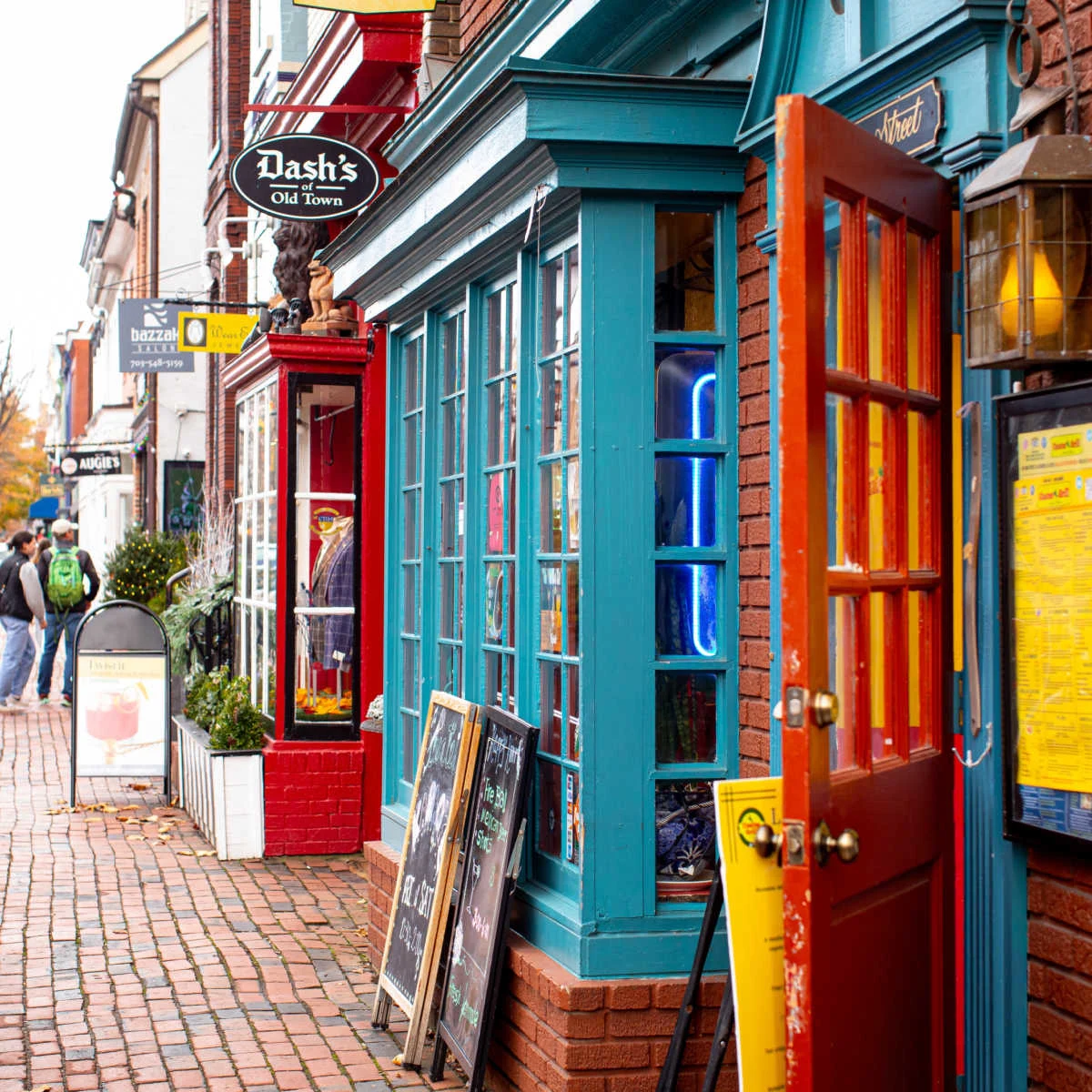 Brick walkways and colorful facades of Alexandria, VA