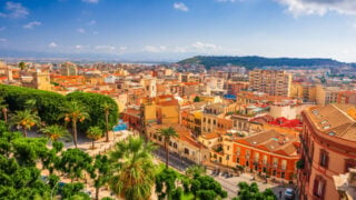 Cagliari, Sardinia, Italy cityscape from above in the morning.